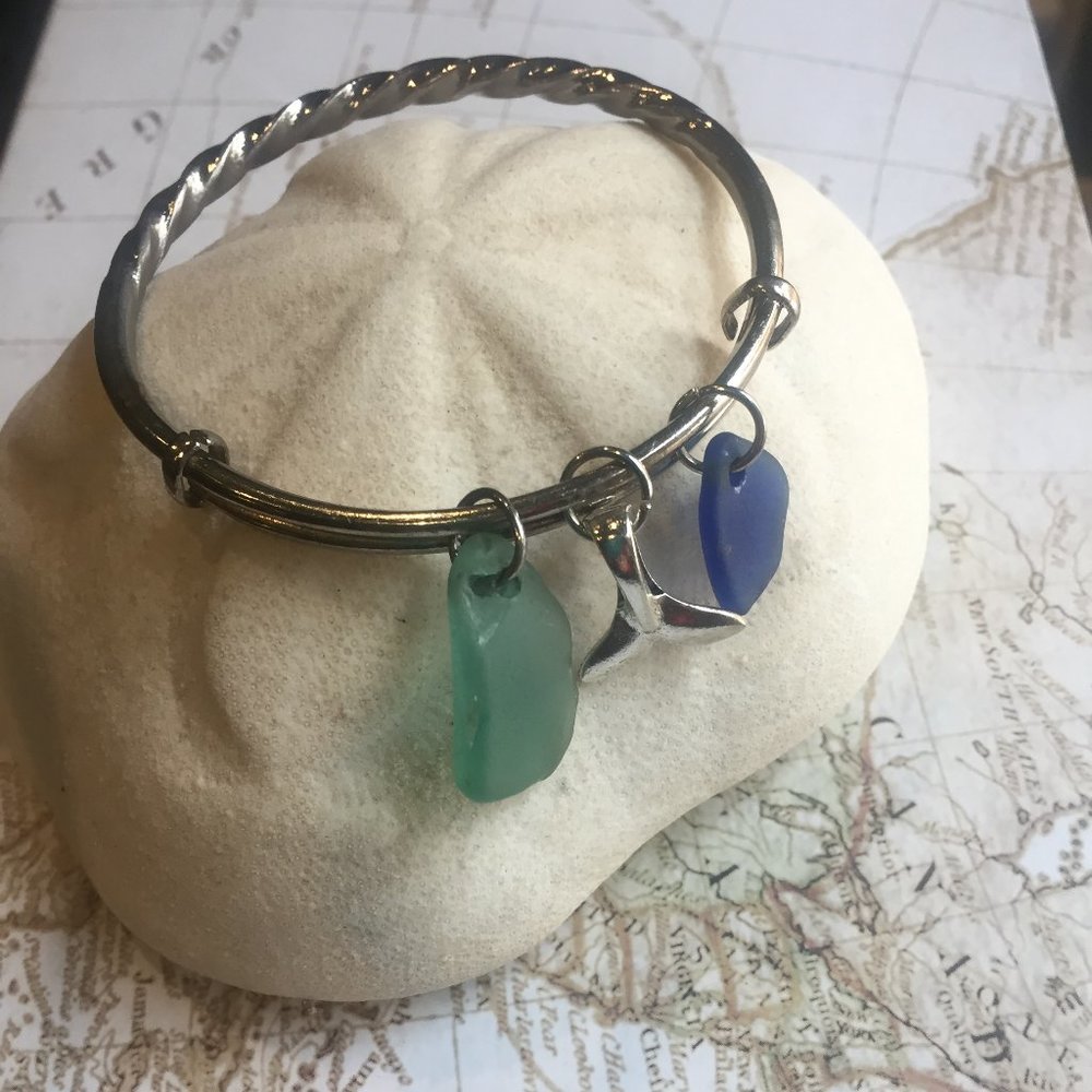 Teal/Cobalt Sea Glass Bangle Bracelet w/whale tail